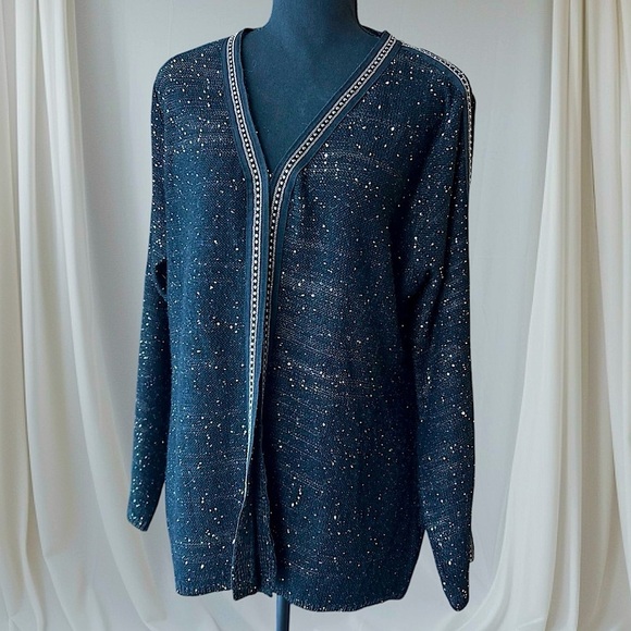 Sioni Black Sequin Silver Studded Embellished Cardigan Sweater Blazer Party - Picture 1 of 12